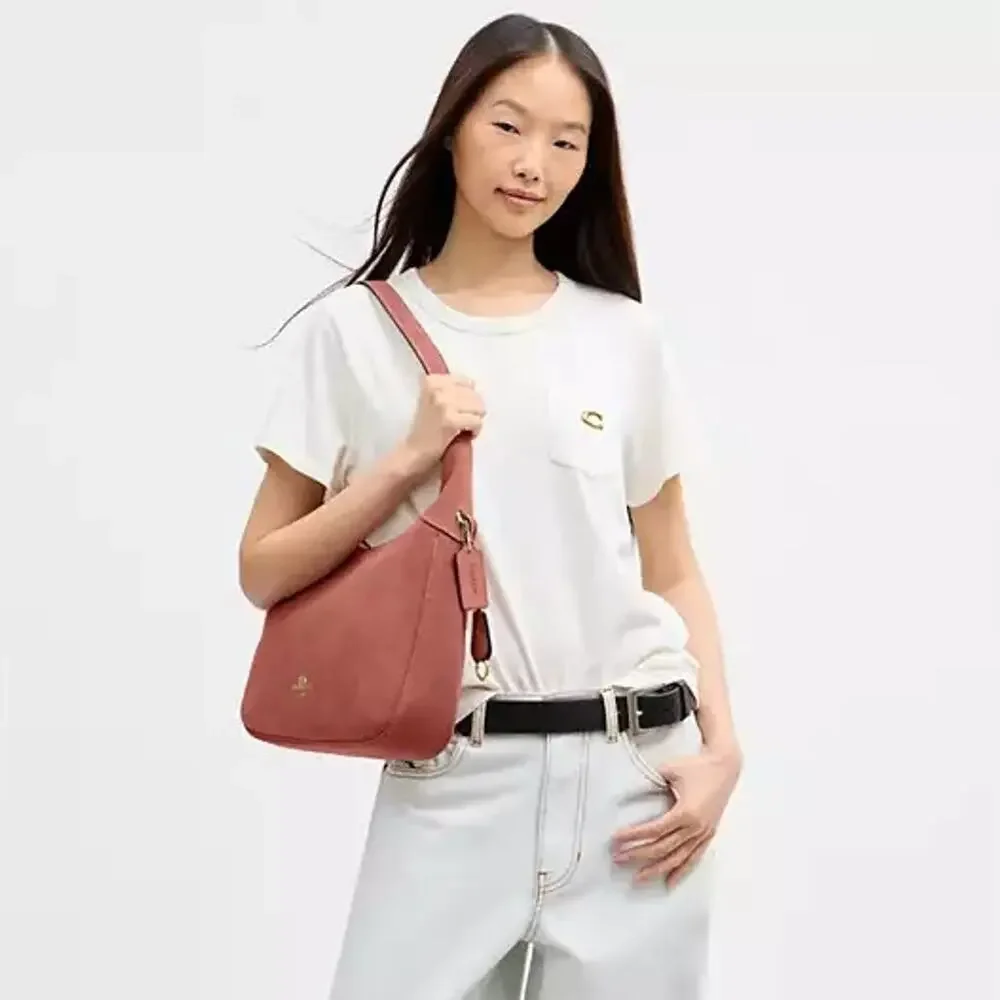 NEW‼️Coach Ella Shoulder Bag CET38  suede/Gold/Blush Pink